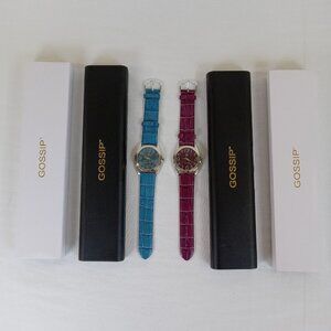 2 Gossip Ladies Quartz Watch Blue & Plum Embossed Leather NEW BATTERIES Purple